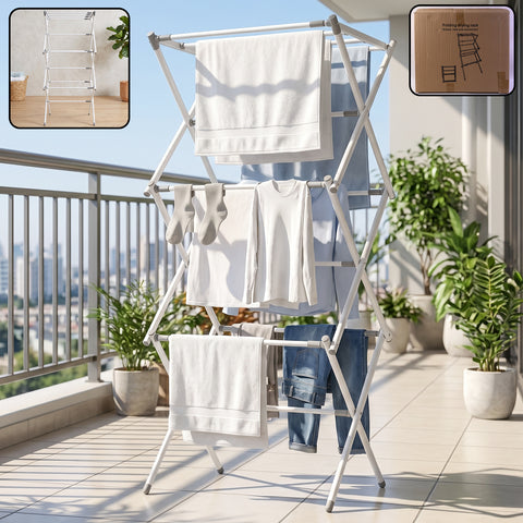 3 Tier Folding Clothes Drying Rack | Foldable Metal Laundry Stand for Balcony & Home