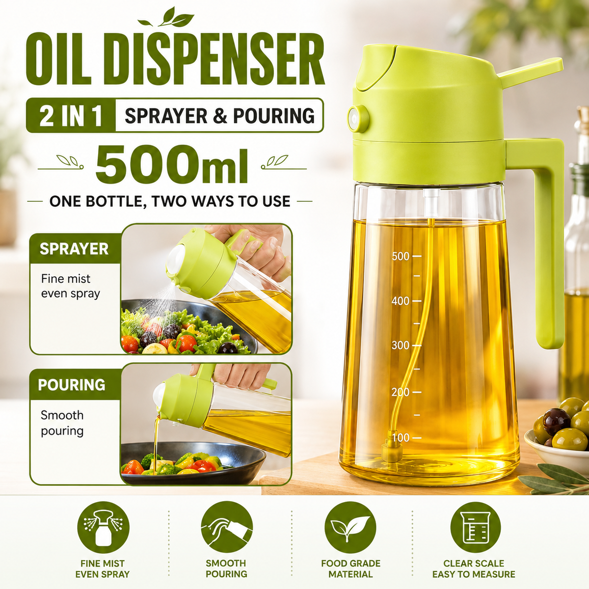 2-in-1 Oil Dispenser & Mist Sprayer Bottle 500ml | Glass Cooking Oil Spray Bottle with Pourer | Leakproof Oil Container for Kitchen, Air Fryer, Salad, BBQ & Baking (Pack of 1)