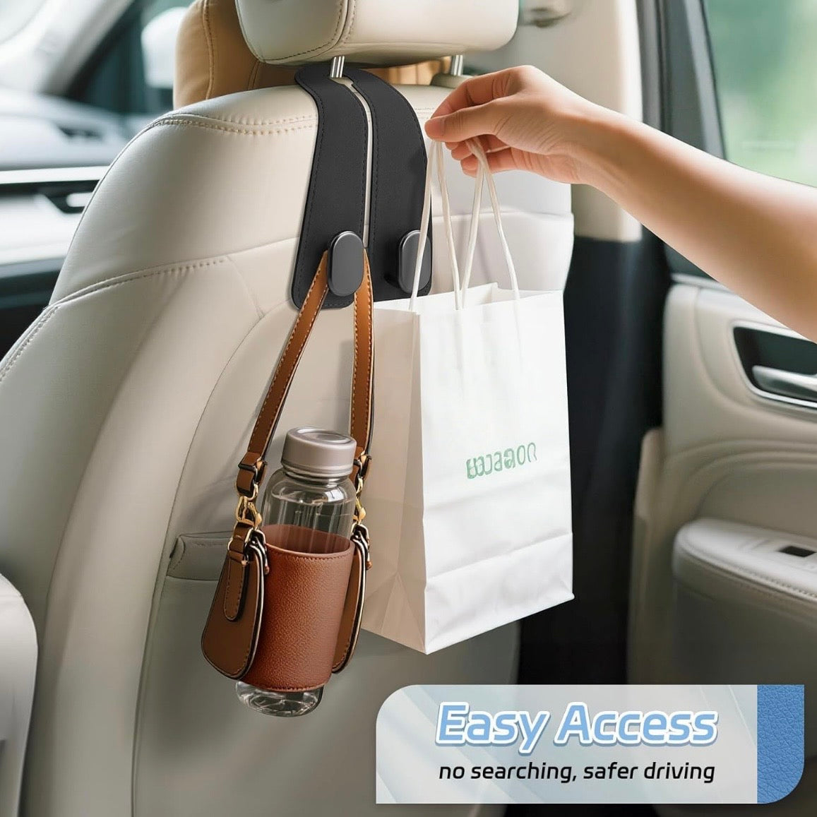 2-in-1 Premium Leather Car Headrest Hooks with Phone Holder (Pack of 2)