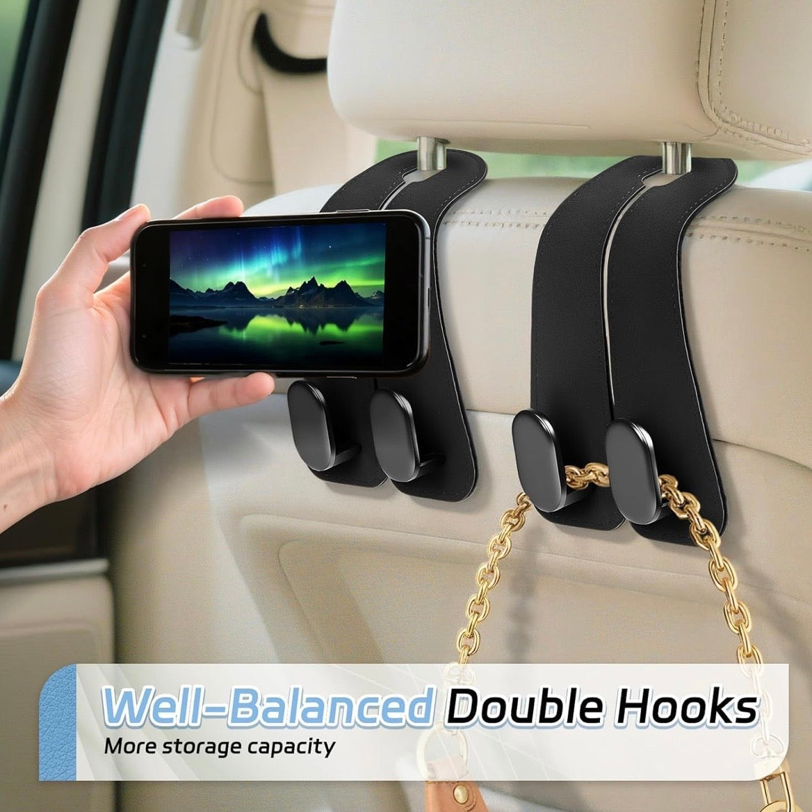 2-in-1 Premium Leather Car Headrest Hooks with Phone Holder (Pack of 2)