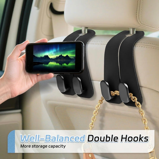 2-in-1 Premium Leather Car Headrest Hooks with Phone Holder (Pack of 2)