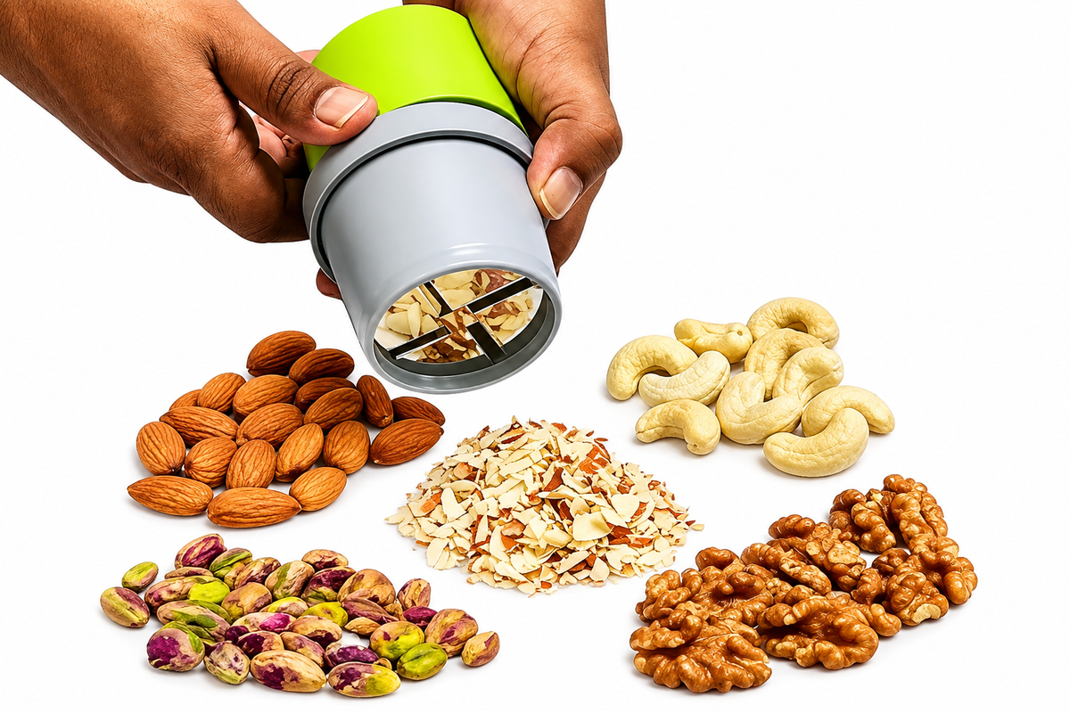 Dry Fruit Slicer & Chopper – Manual Nut Cutter with Stainless Steel Blades | Multipurpose Almond, Cashew, Pistachio & Walnut Chopper | Safe Kitchen Tool (1 Pc)