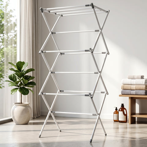 3 Tier Folding Clothes Drying Rack | Foldable Metal Laundry Stand for Balcony & Home
