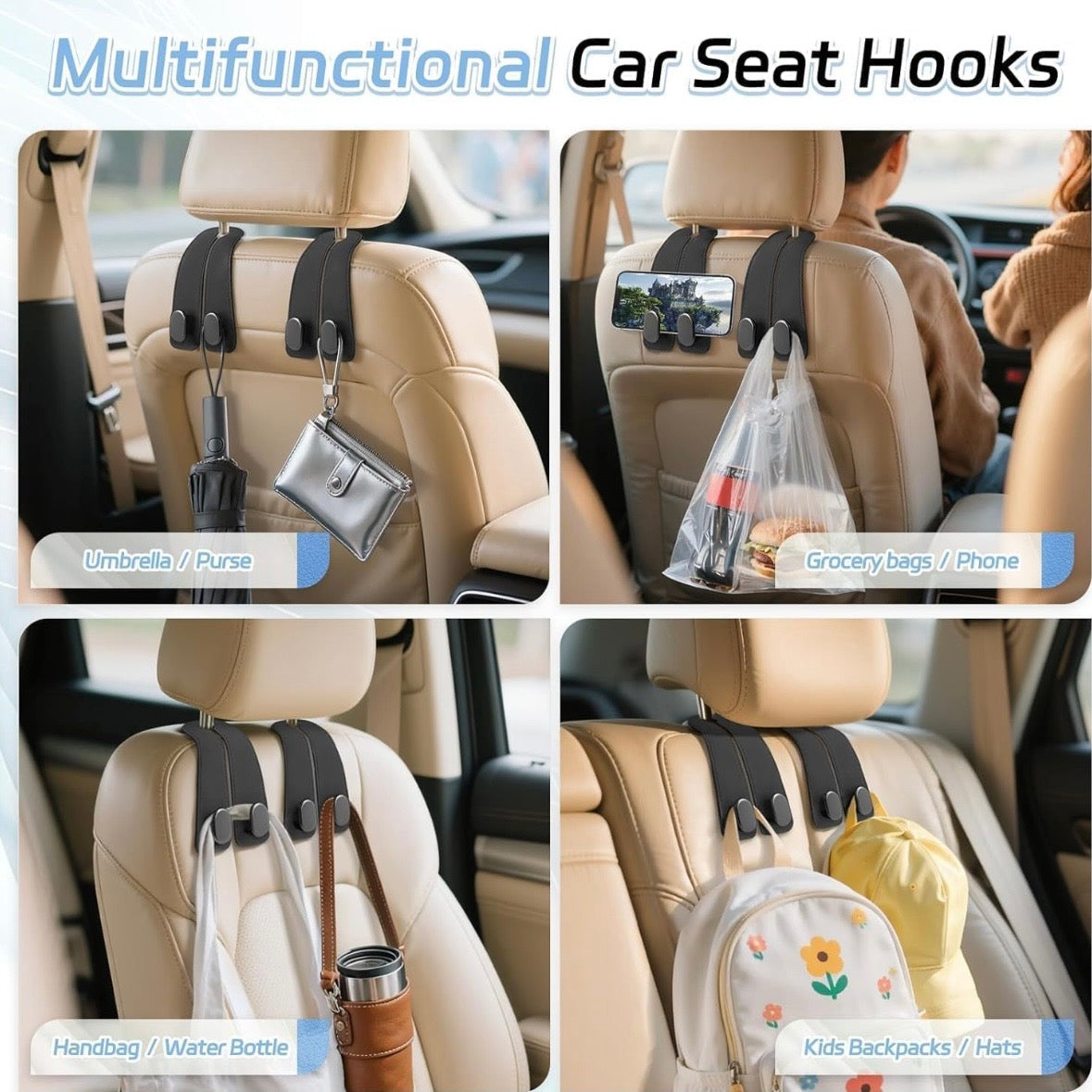 2-in-1 Premium Leather Car Headrest Hooks with Phone Holder (Pack of 2)