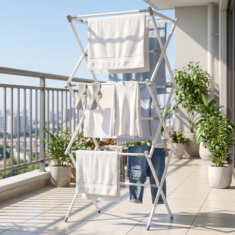 3 Tier Folding Clothes Drying Rack | Foldable Metal Laundry Stand for Balcony & Home