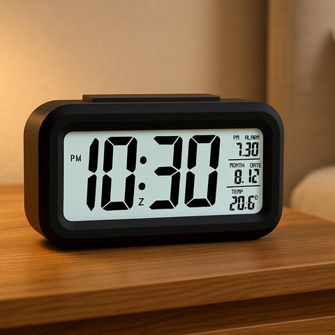 Smart Digital LCD Alarm Clock with Night Light Sensor & Temperature Display