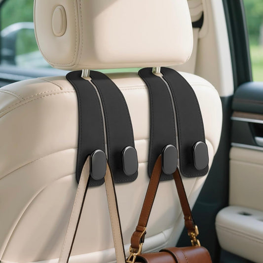 2-in-1 Premium Leather Car Headrest Hooks with Phone Holder (Pack of 2)