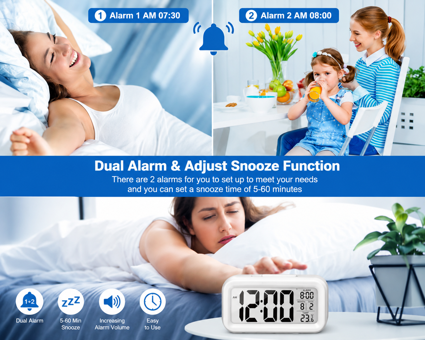 Smart Digital LCD Alarm Clock with Night Light Sensor & Temperature Display