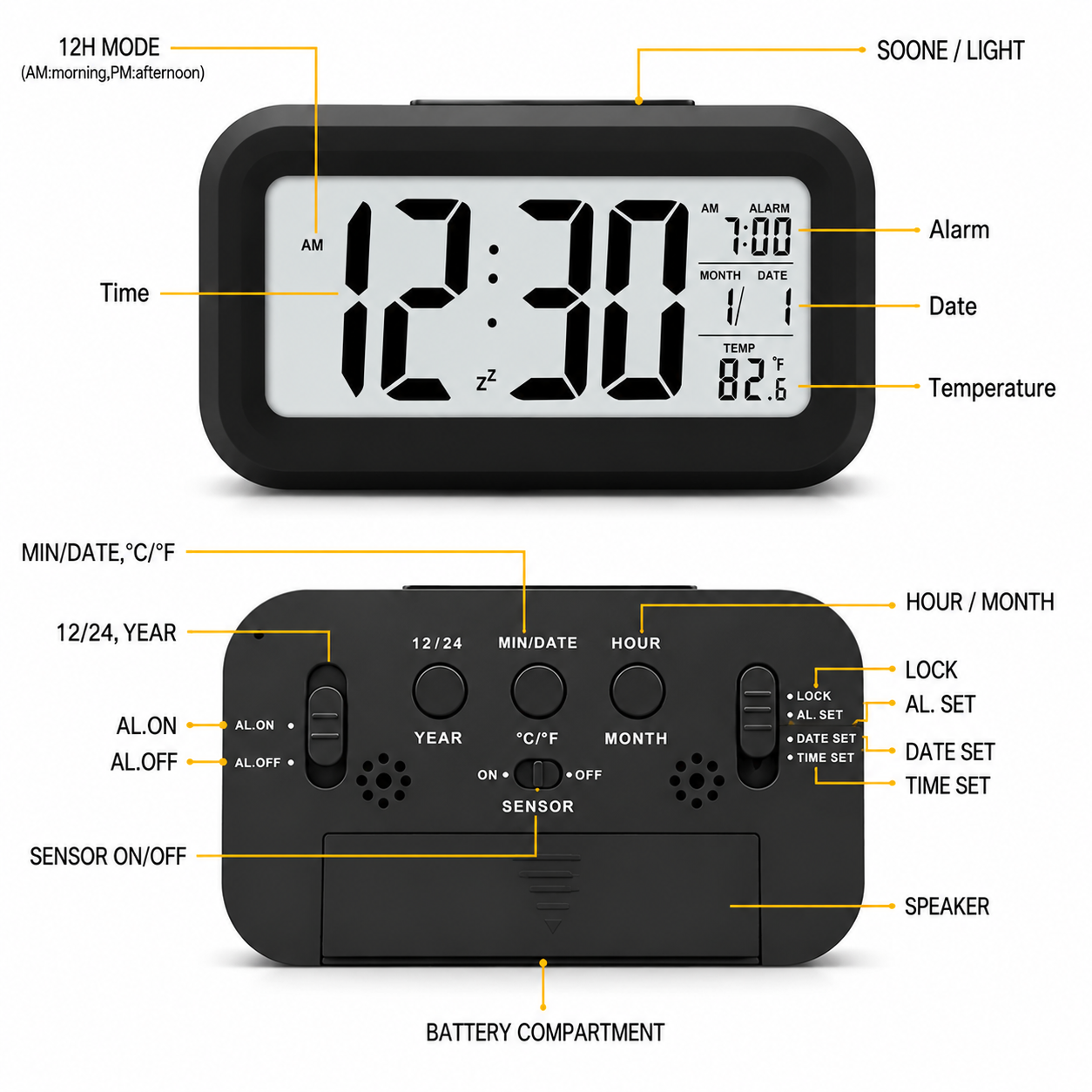 Smart Digital LCD Alarm Clock with Night Light Sensor & Temperature Display