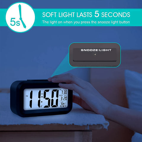 Smart Digital LCD Alarm Clock with Night Light Sensor & Temperature Display