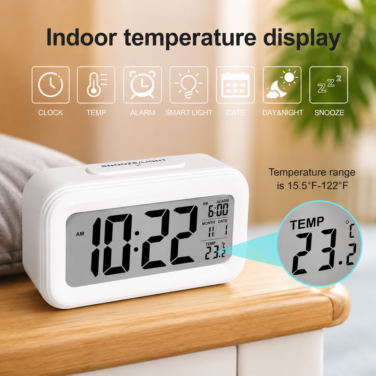 Smart Digital LCD Alarm Clock with Night Light Sensor & Temperature Display